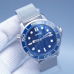 O1 60TH Anniversary James Bond 42MM Automatic Mecheancal Ceramic Bezel Mens Watches Watch Blue Dial Stainless Steel Band Ceramic Rotatable Bezel Transparent Back